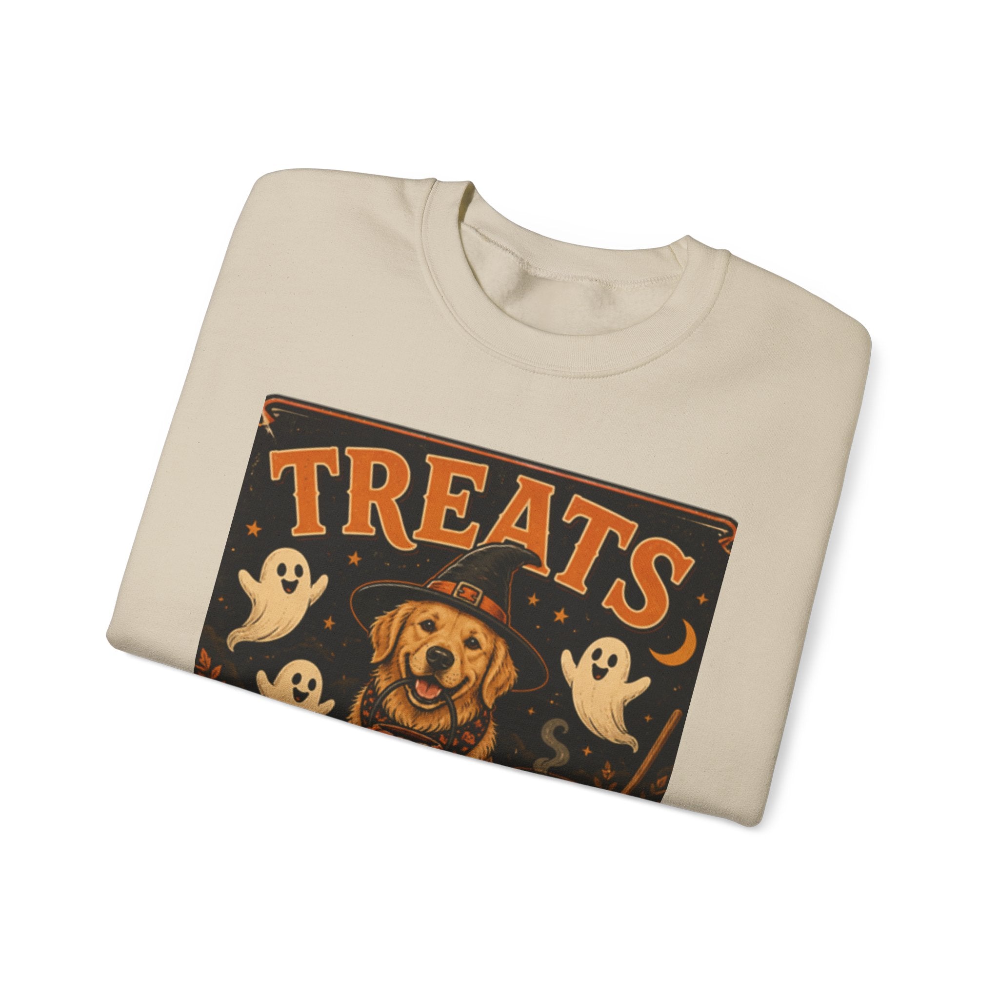 Halloween "Treats Only" Sweatshirt – Cute Puppy, Ghosts & Pumpkins Fall Crewneck