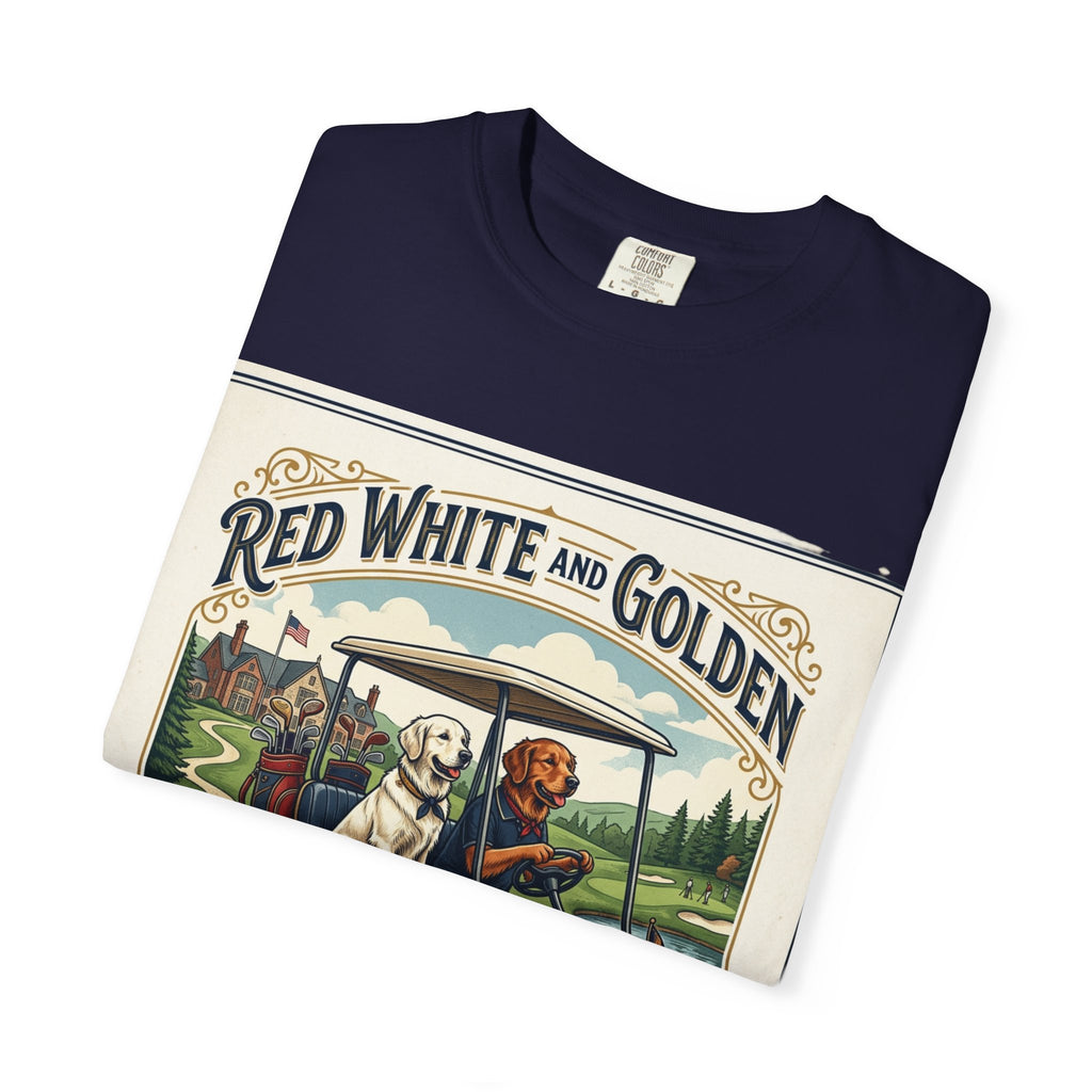 Golf Club T-Shirt — "Red White and Golden" Vintage Dog Golf Cart Design