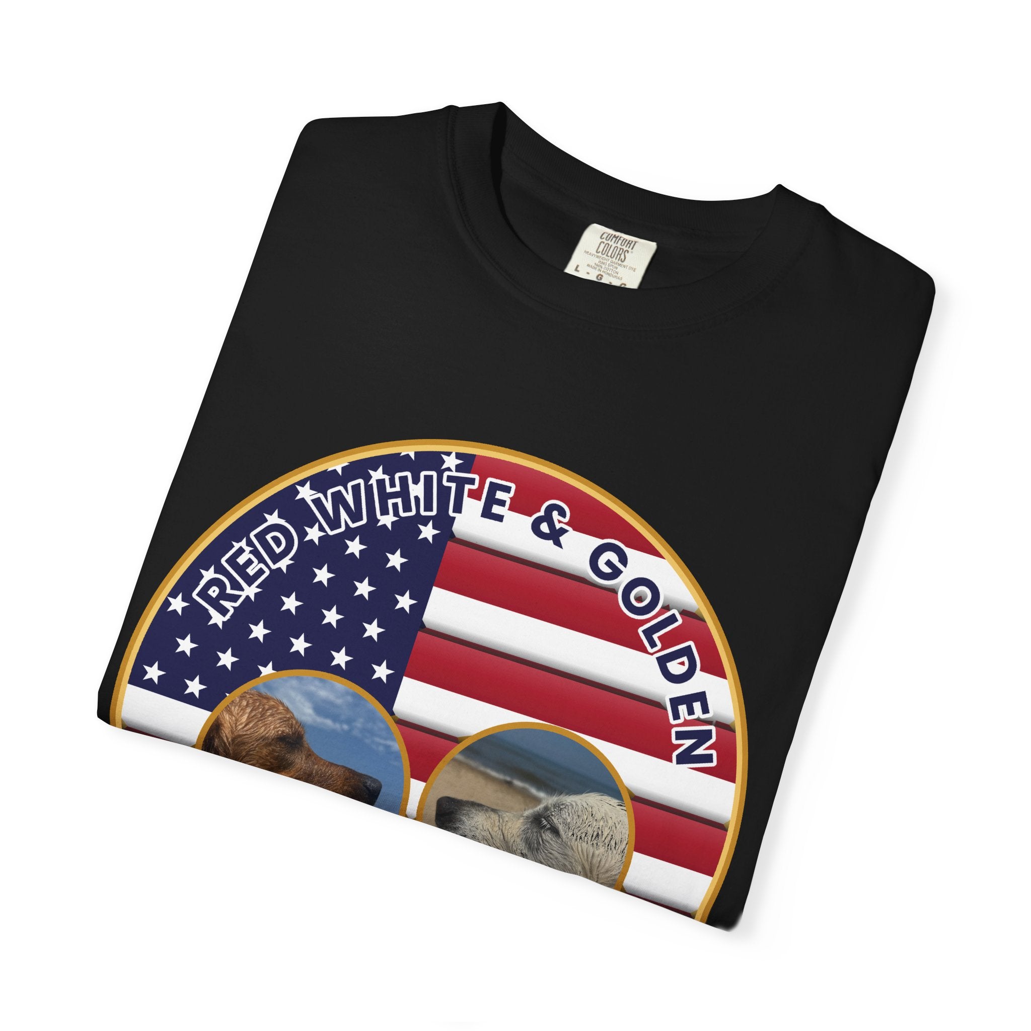 Red, White & Golden T-Shirt – American Flag with Golden Retriever Design