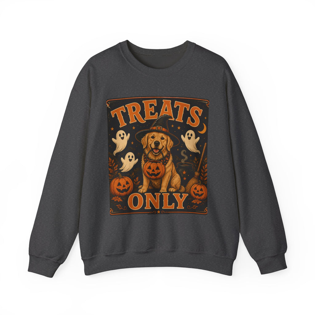 Halloween "Treats Only" Sweatshirt – Cute Puppy, Ghosts & Pumpkins Fall Crewneck