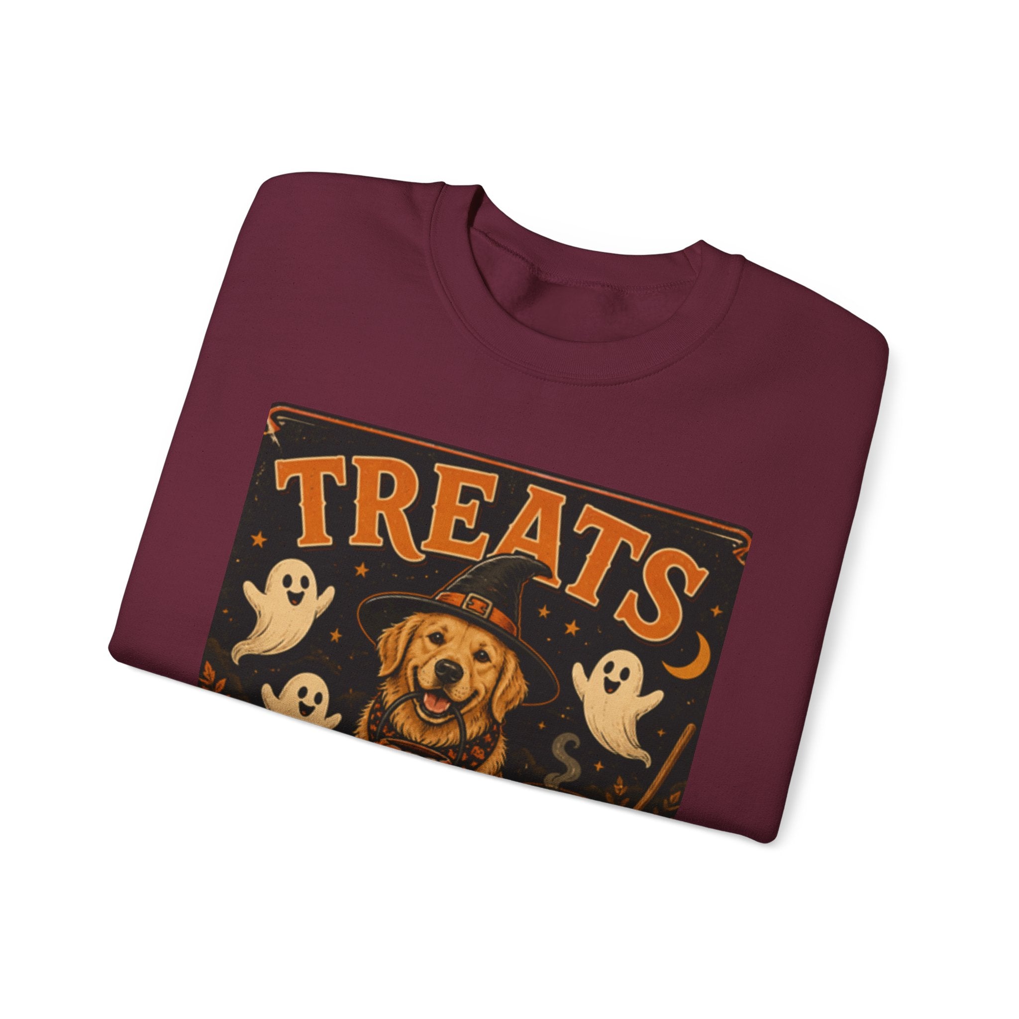 Halloween "Treats Only" Sweatshirt – Cute Puppy, Ghosts & Pumpkins Fall Crewneck