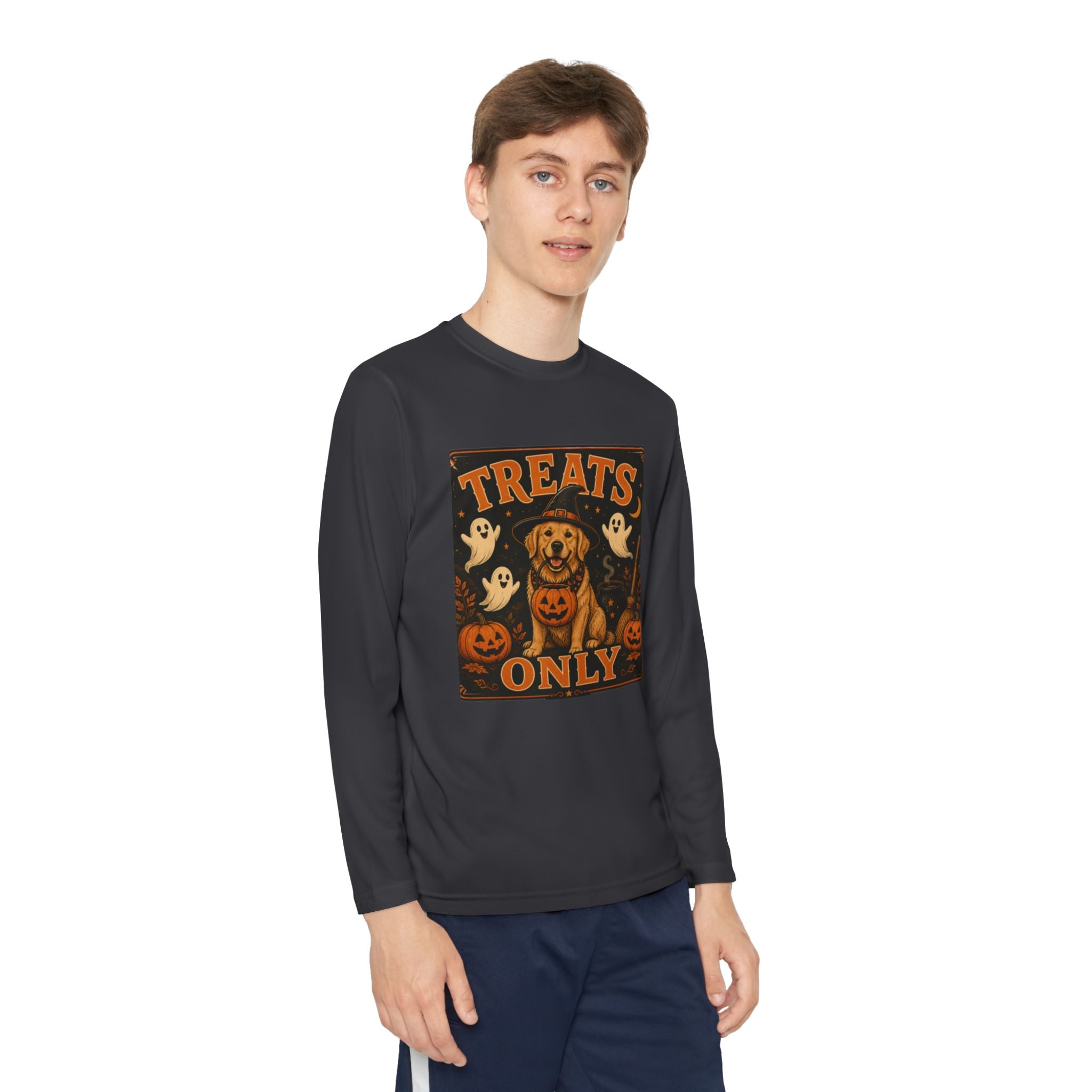 Halloween 'Treats Only' Youth Long Sleeve Tee - Cute Puppy & Ghosts Pumpkin Shirt