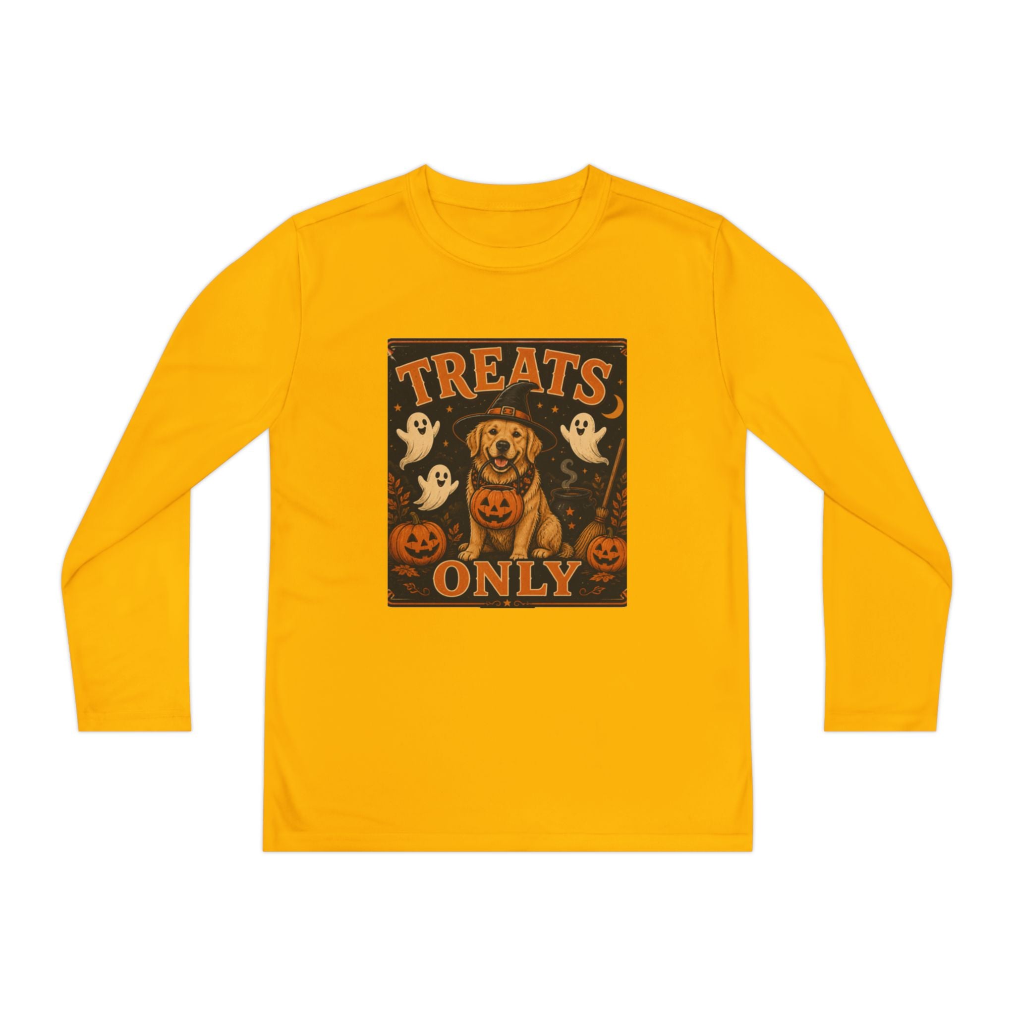 Halloween 'Treats Only' Youth Long Sleeve Tee - Cute Puppy & Ghosts Pumpkin Shirt