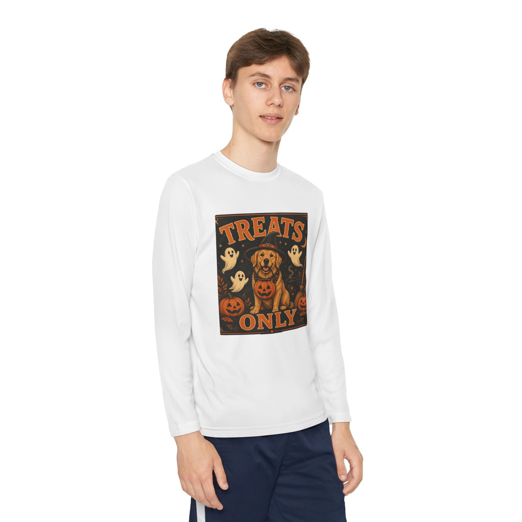 Halloween 'Treats Only' Youth Long Sleeve Tee - Cute Puppy & Ghosts Pumpkin Shirt