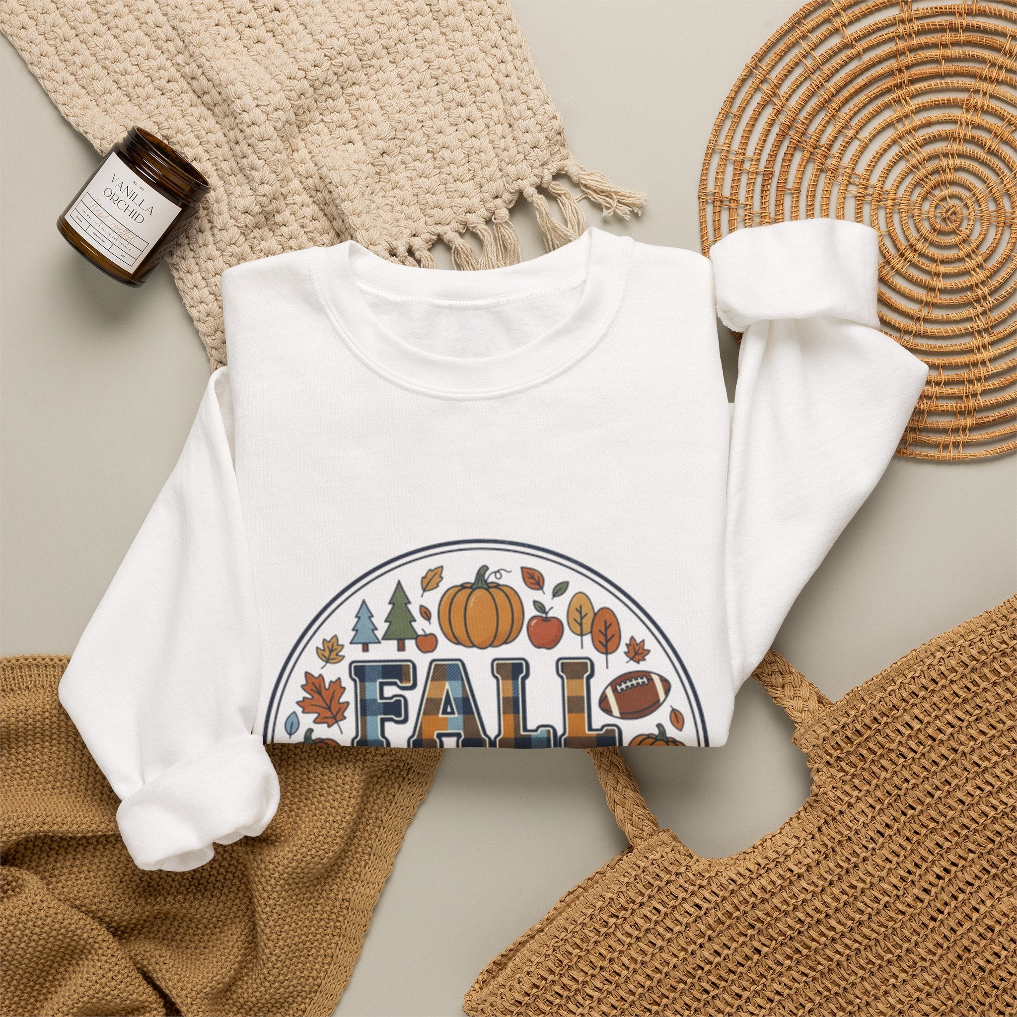 Fall Vibes Crewneck Sweatshirt — Pumpkin, Apples & Football Autumn Graphic