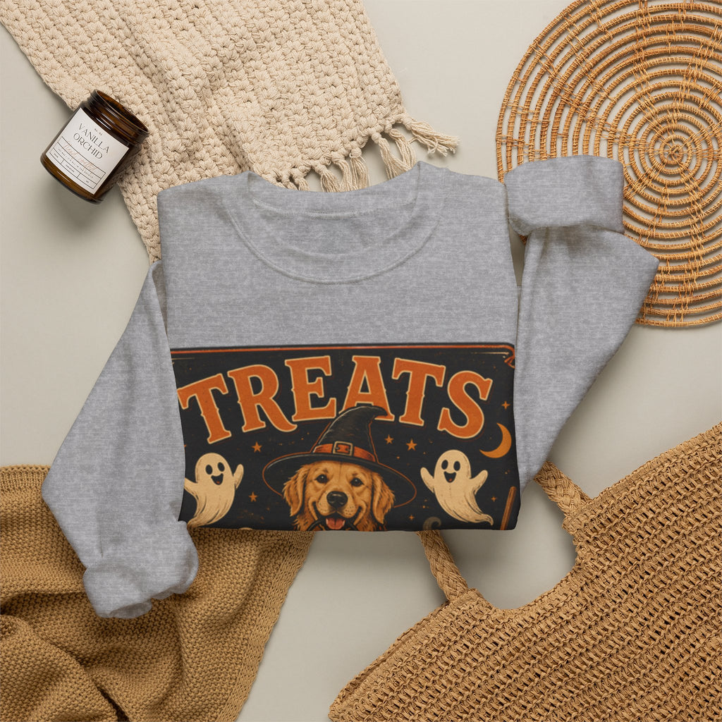 Halloween "Treats Only" Sweatshirt – Cute Puppy, Ghosts & Pumpkins Fall Crewneck