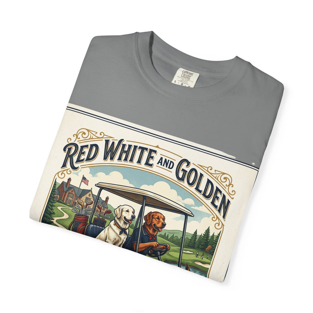Golf Club T-Shirt — "Red White and Golden" Vintage Dog Golf Cart Design