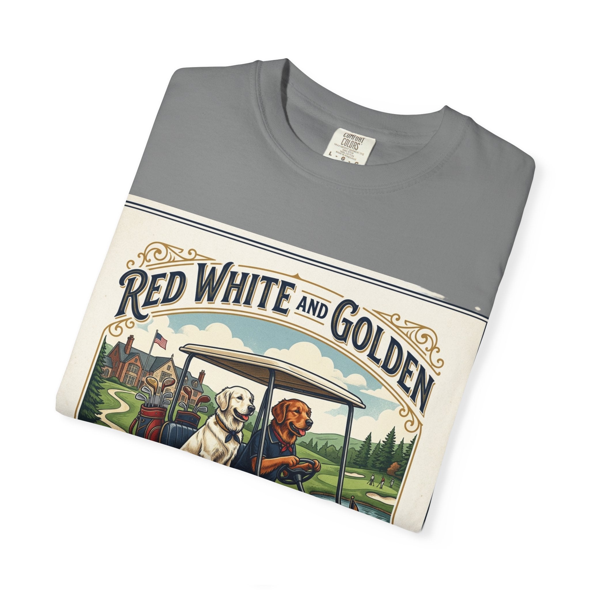 Golf Club T-Shirt — "Red White and Golden" Vintage Dog Golf Cart Design