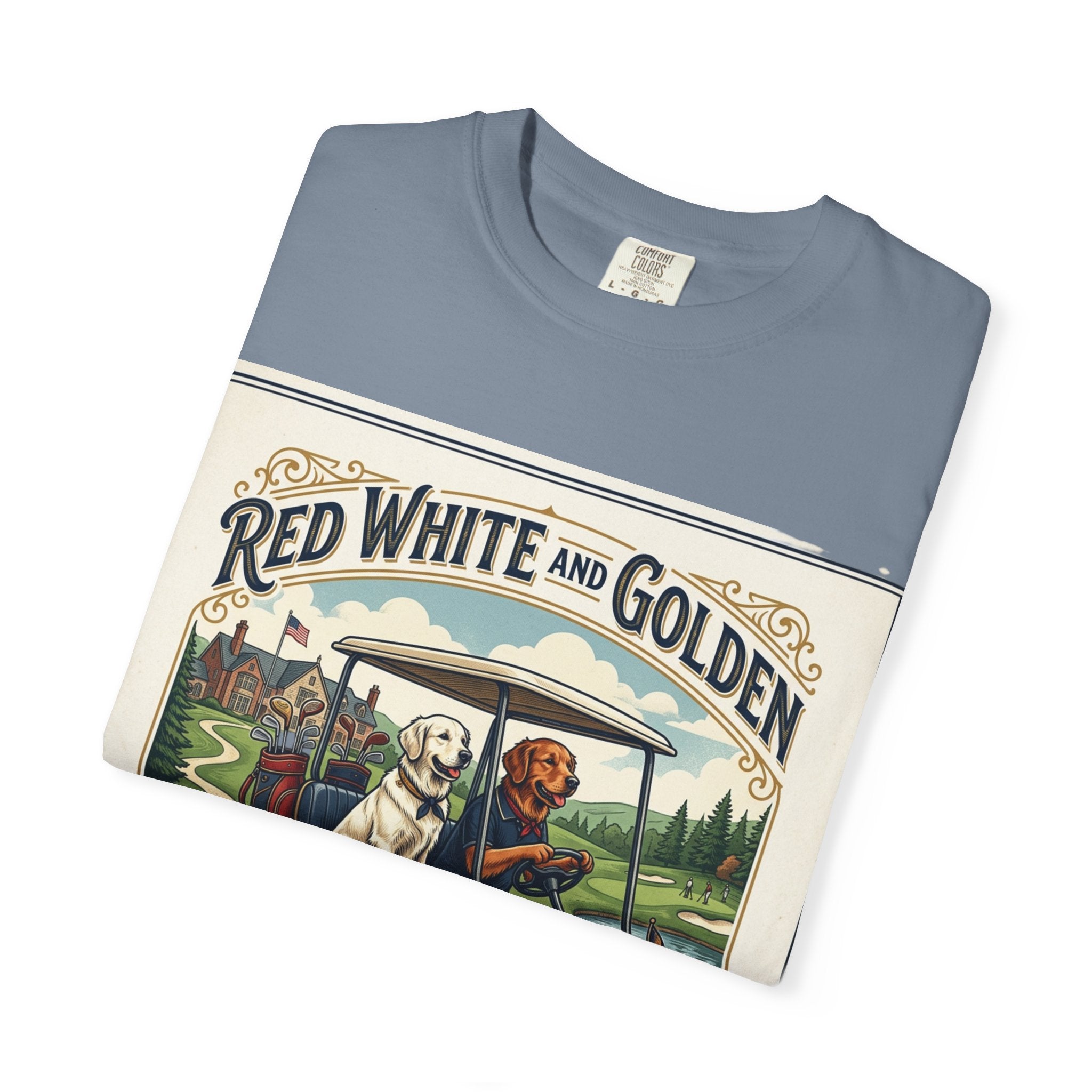 Golf Club T-Shirt — "Red White and Golden" Vintage Dog Golf Cart Design