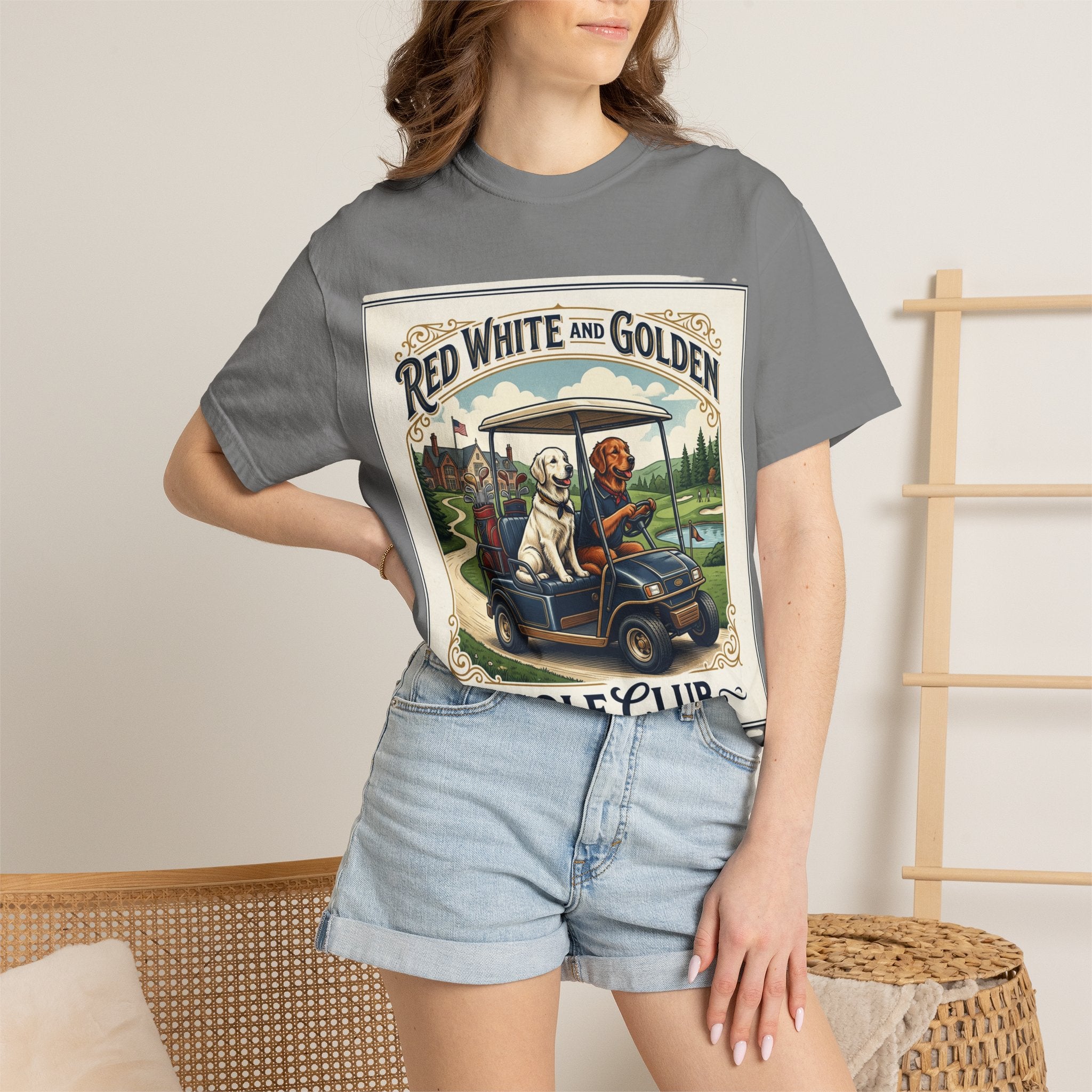 Golf Club T-Shirt — "Red White and Golden" Vintage Dog Golf Cart Design