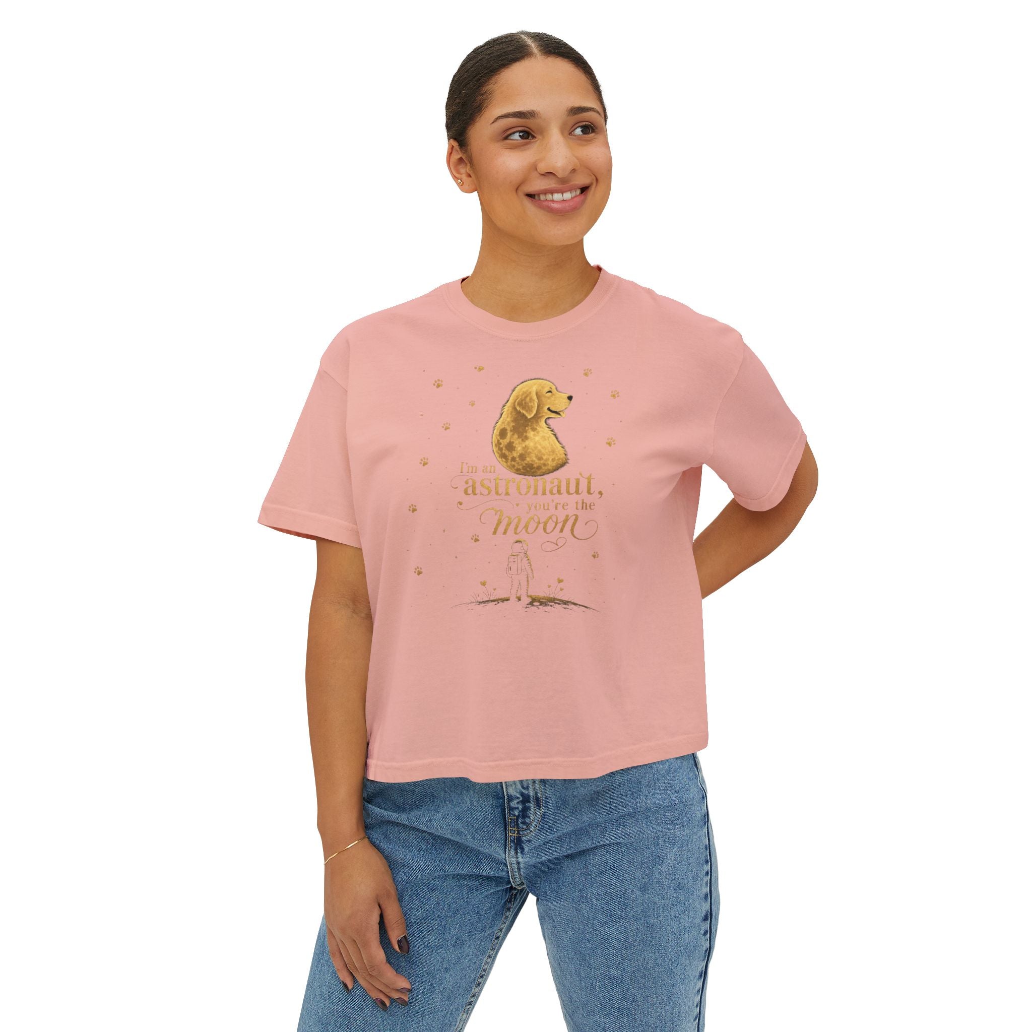 Women's Boxy Tee — "I'm an astronaut, I need my moon" Golden Dog Graphic Shirt