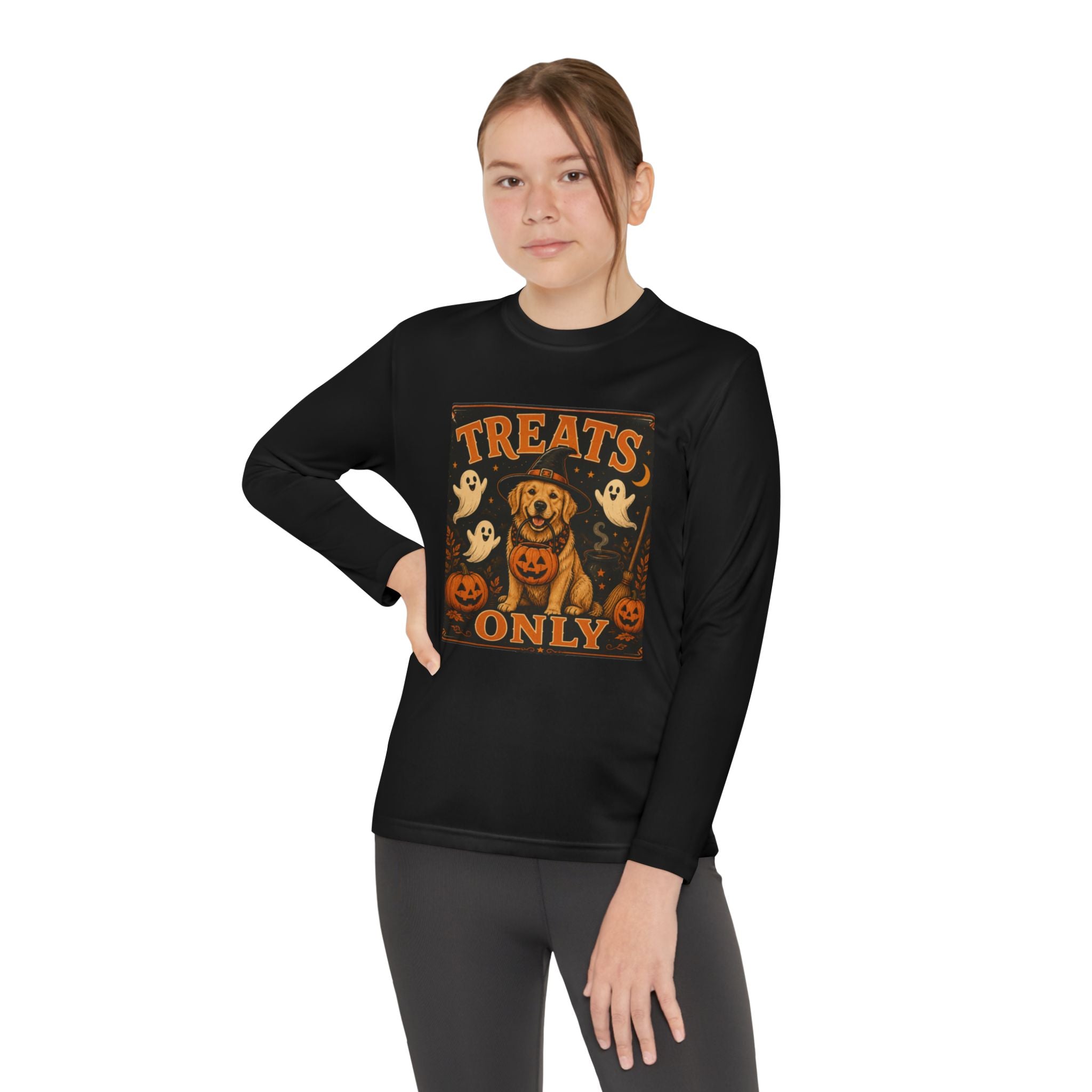 Halloween 'Treats Only' Youth Long Sleeve Tee - Cute Puppy & Ghosts Pumpkin Shirt