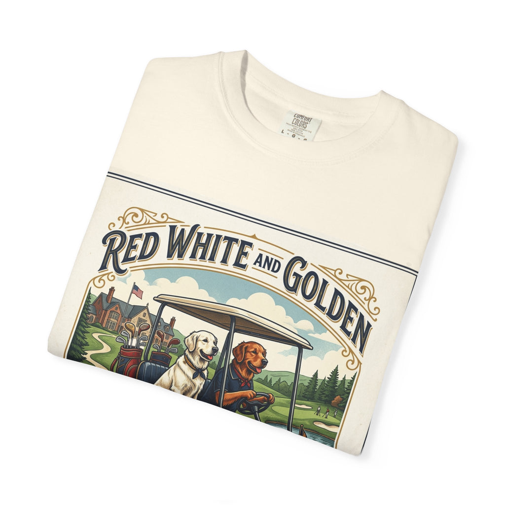 Golf Club T-Shirt — "Red White and Golden" Vintage Dog Golf Cart Design