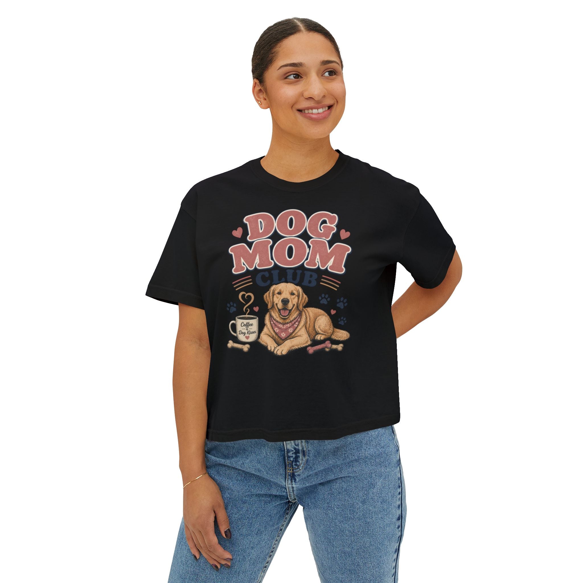 Dog Mom Club Boxy Tee — Cute Golden Retriever Graphic T-Shirt for Women
