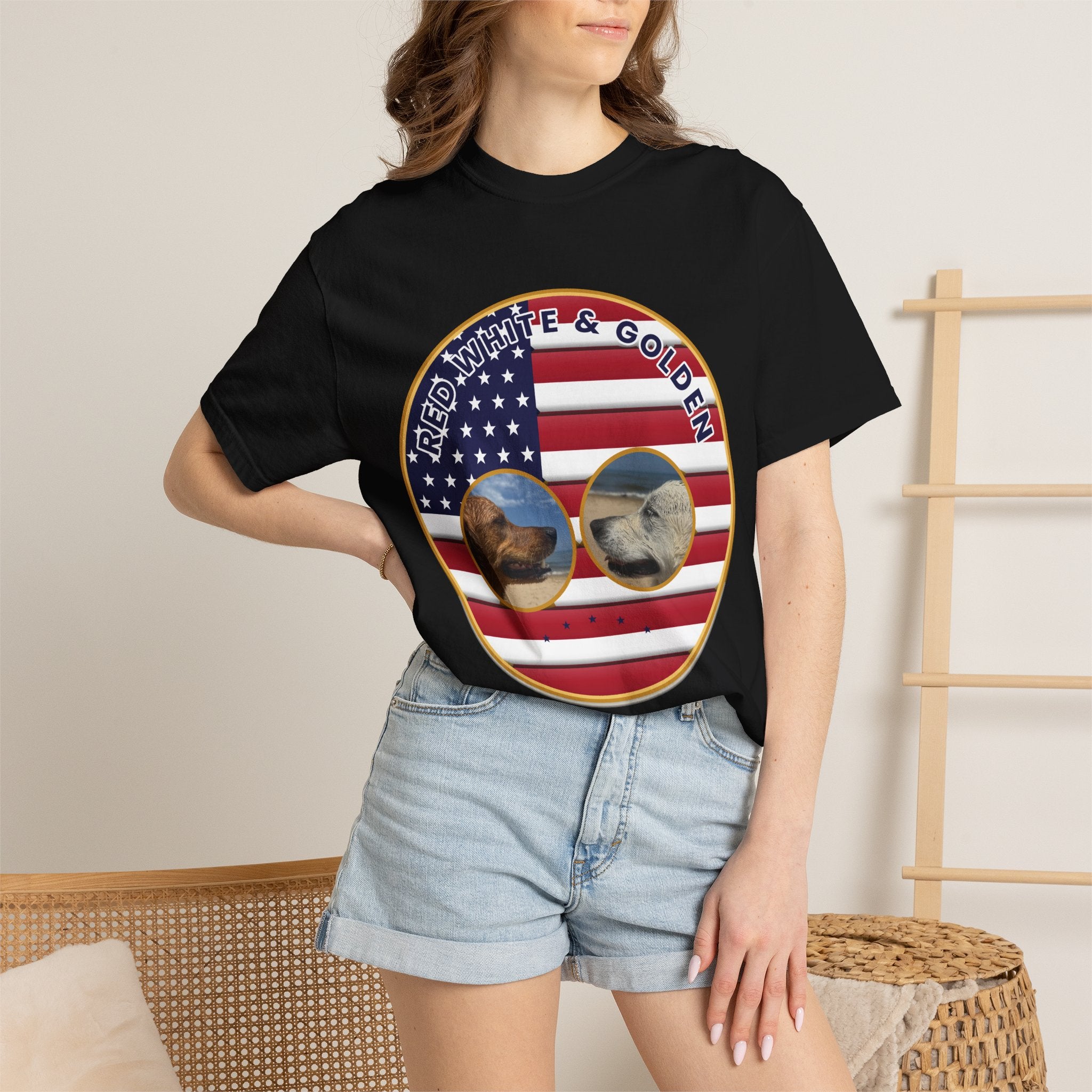 Red, White & Golden T-Shirt – American Flag with Golden Retriever Design