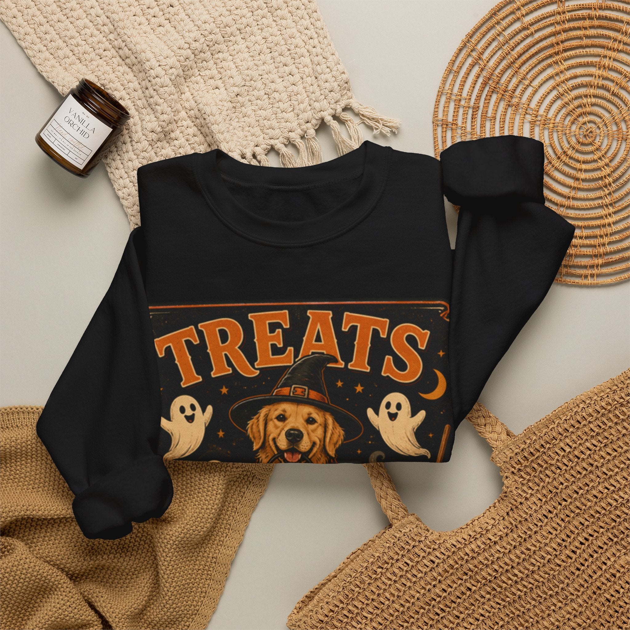 Halloween "Treats Only" Sweatshirt – Cute Puppy, Ghosts & Pumpkins Fall Crewneck