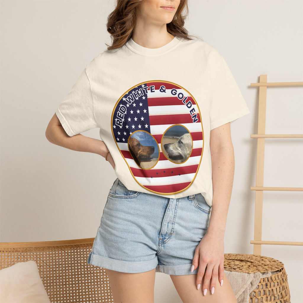 Red, White & Golden T-Shirt – American Flag with Golden Retriever Design