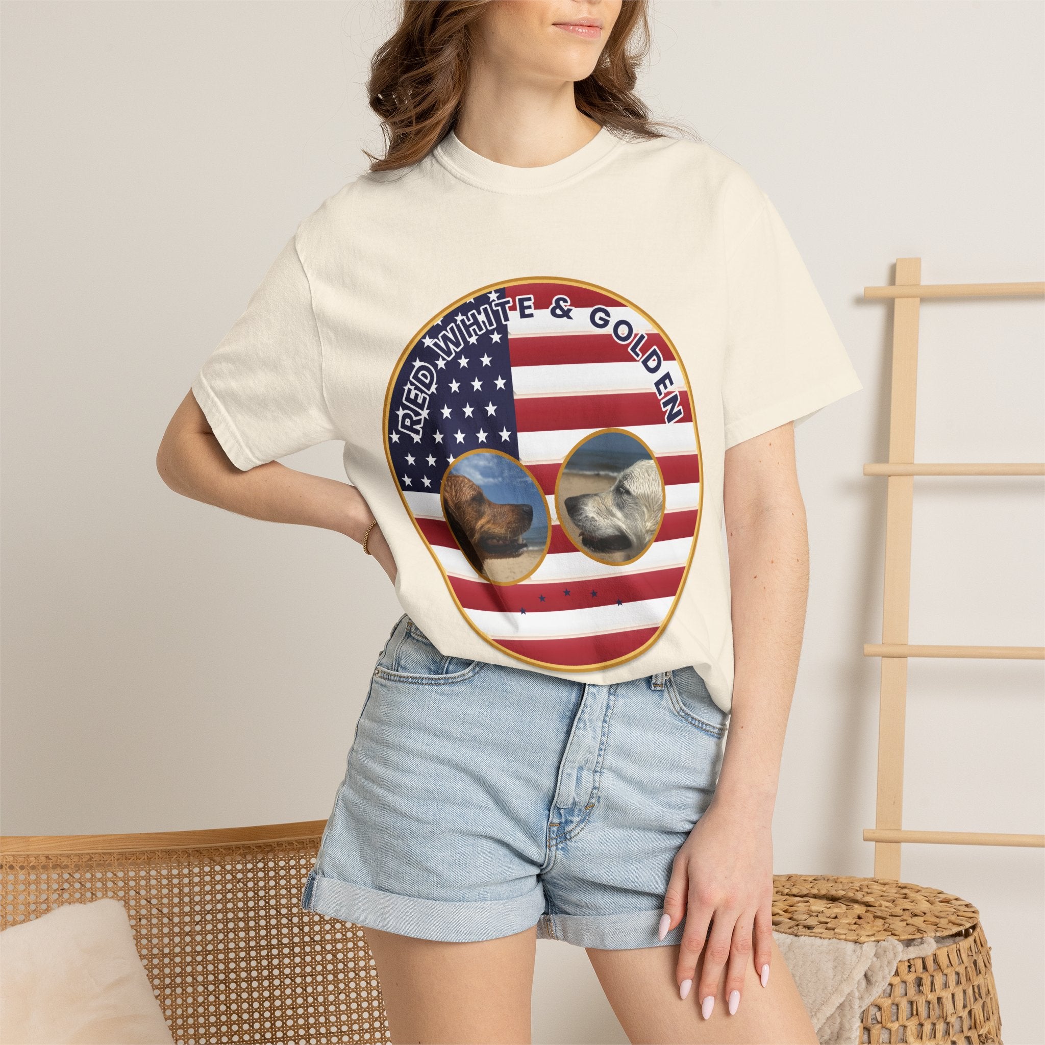 Red, White & Golden T-Shirt – American Flag with Golden Retriever Design
