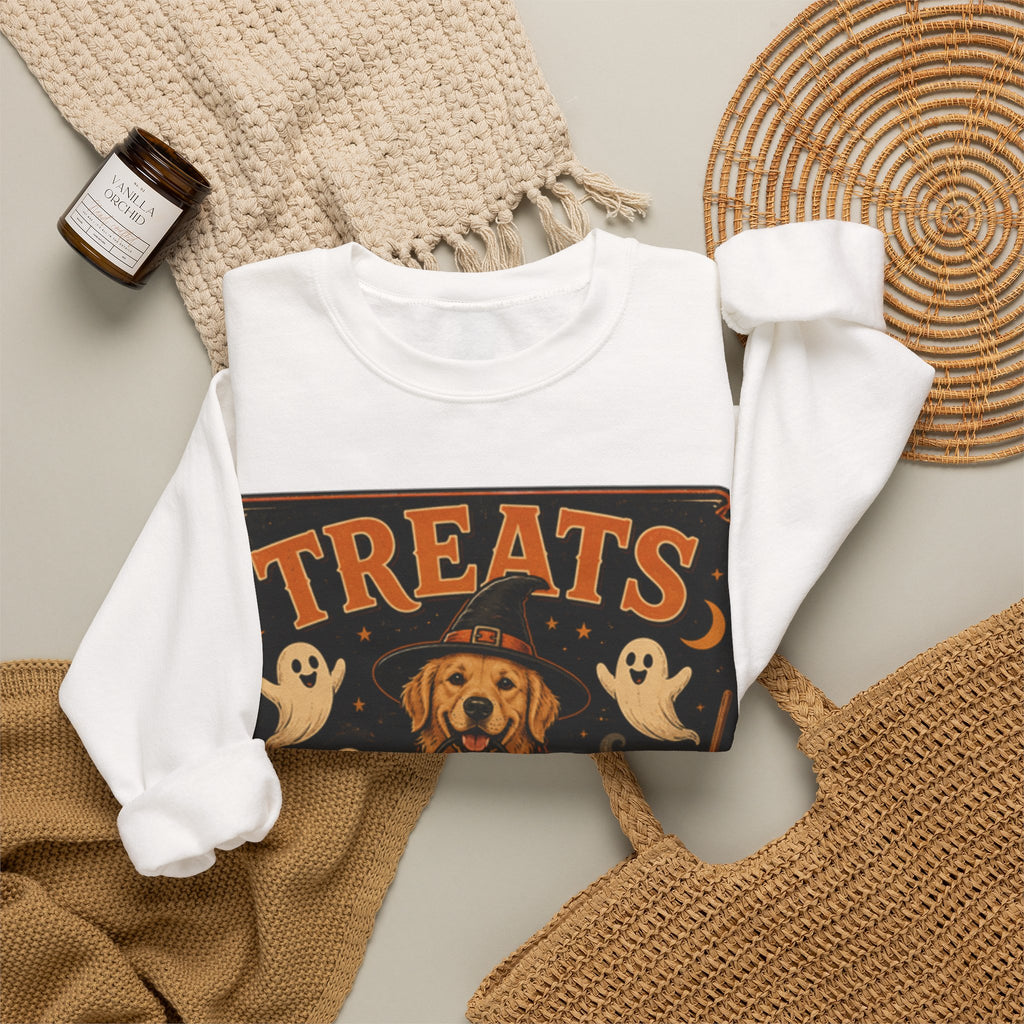 Halloween "Treats Only" Sweatshirt – Cute Puppy, Ghosts & Pumpkins Fall Crewneck