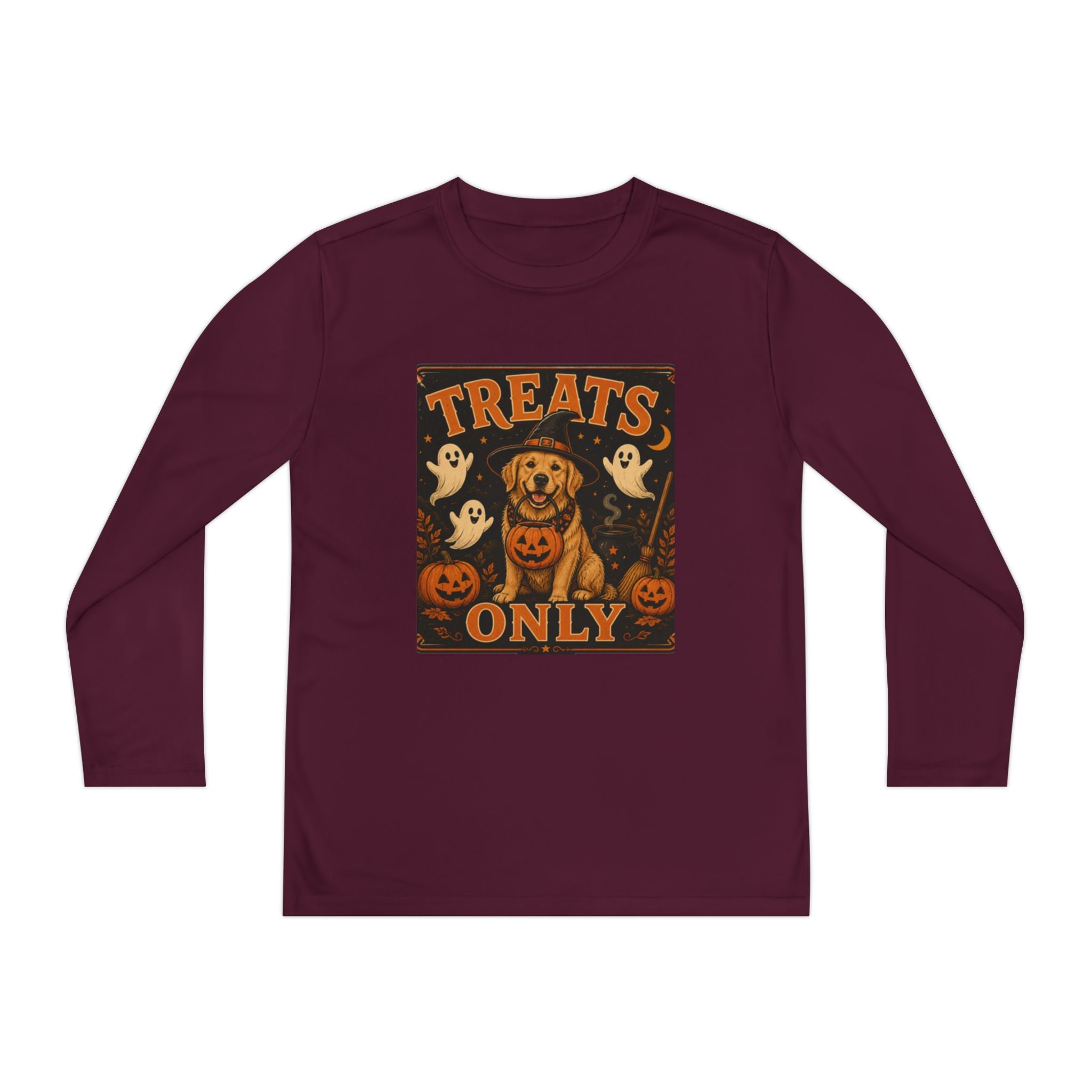 Halloween 'Treats Only' Youth Long Sleeve Tee - Cute Puppy & Ghosts Pumpkin Shirt