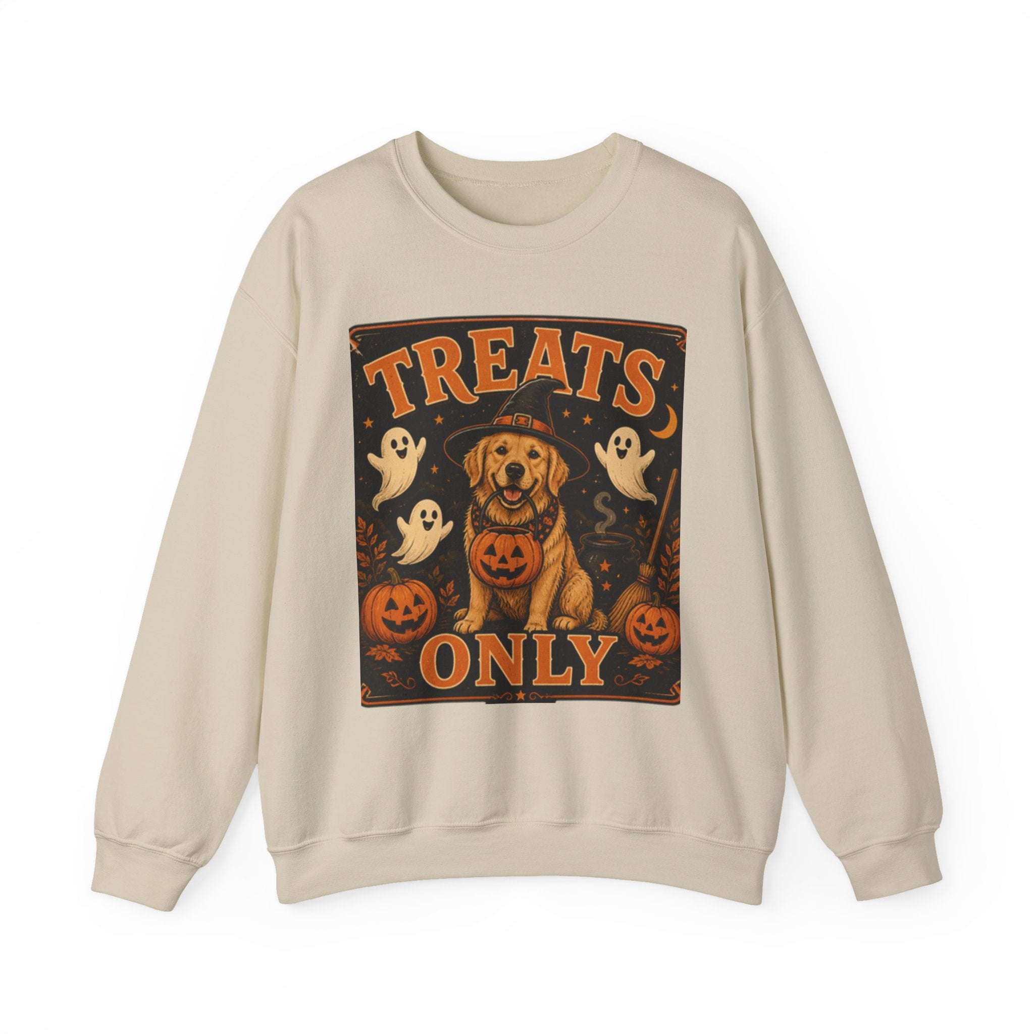 Halloween "Treats Only" Sweatshirt – Cute Puppy, Ghosts & Pumpkins Fall Crewneck
