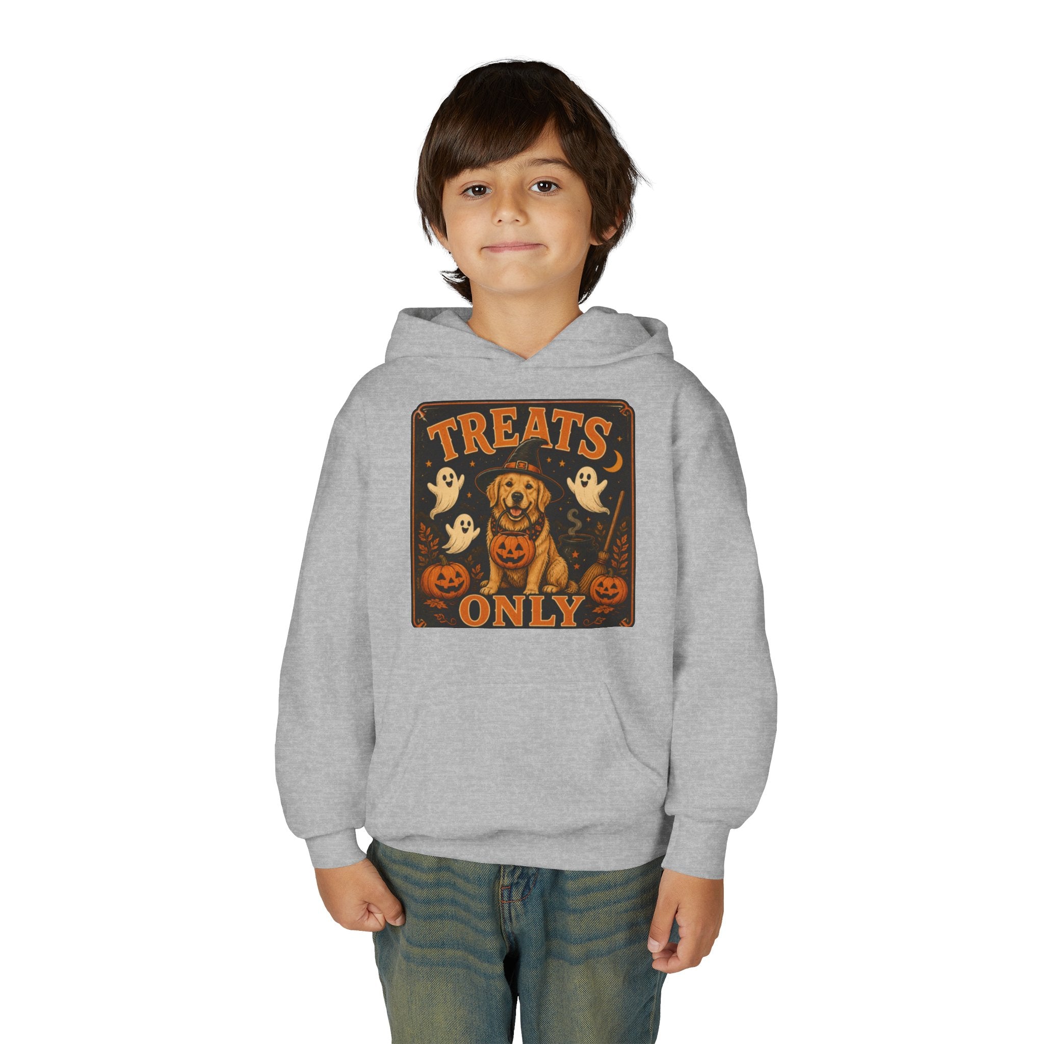Youth Halloween Hoodie - "Treats Only" Pumpkin Dog Graphic