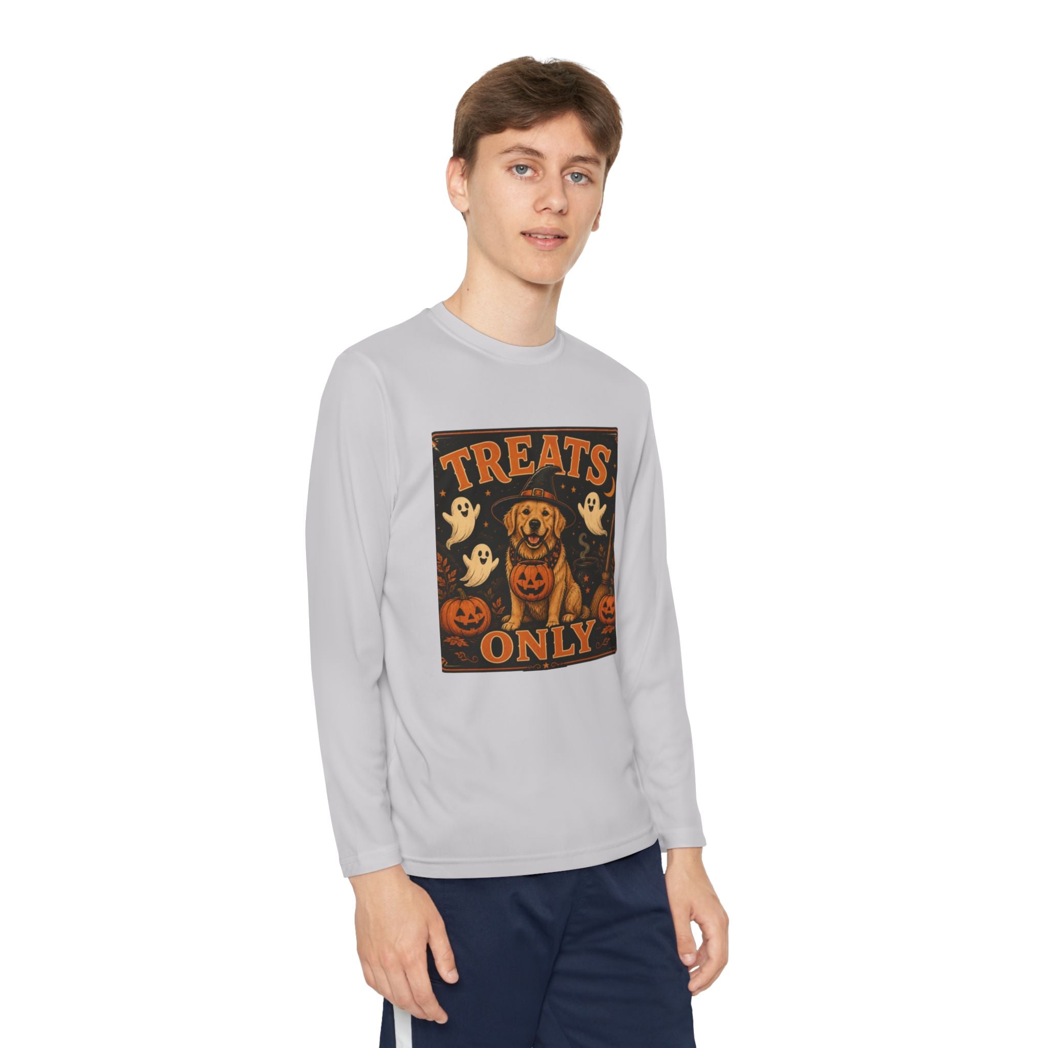 Halloween 'Treats Only' Youth Long Sleeve Tee - Cute Puppy & Ghosts Pumpkin Shirt