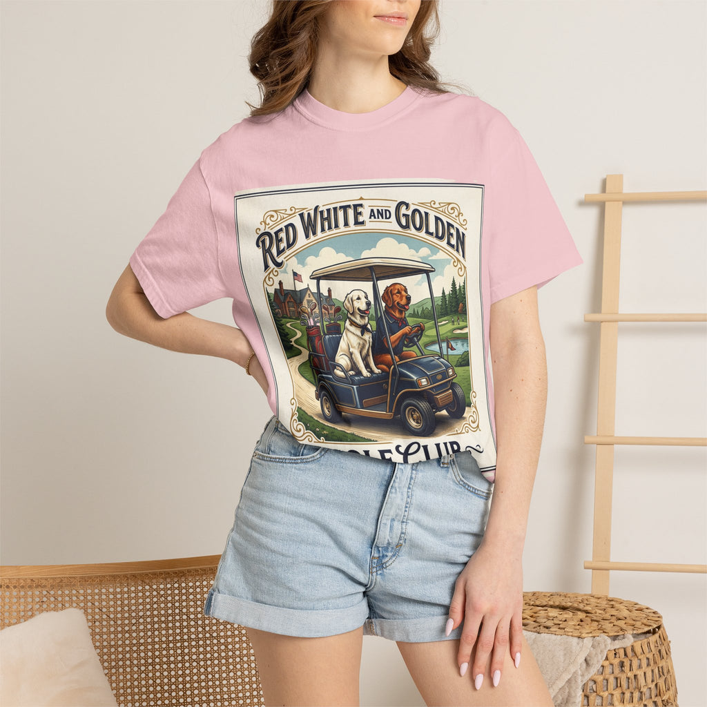 Golf Club T-Shirt — "Red White and Golden" Vintage Dog Golf Cart Design