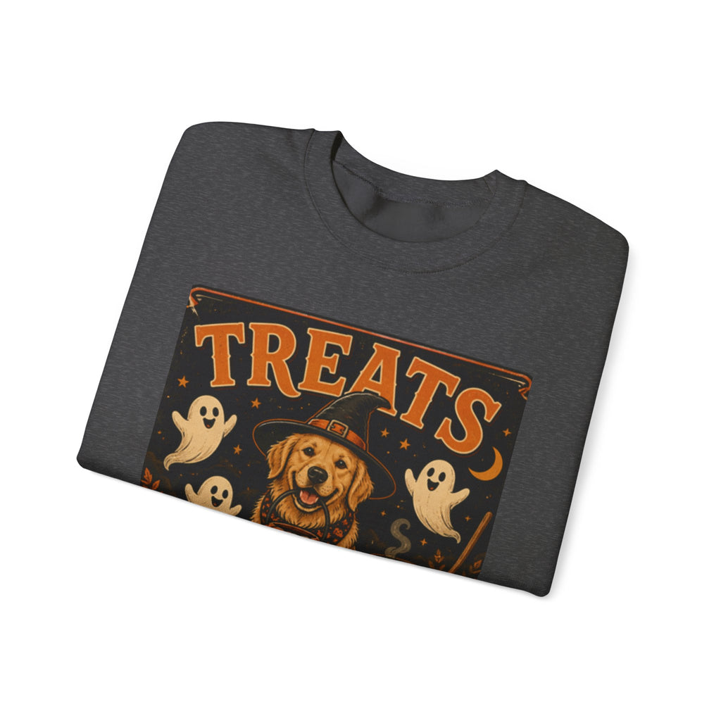 Halloween "Treats Only" Sweatshirt – Cute Puppy, Ghosts & Pumpkins Fall Crewneck