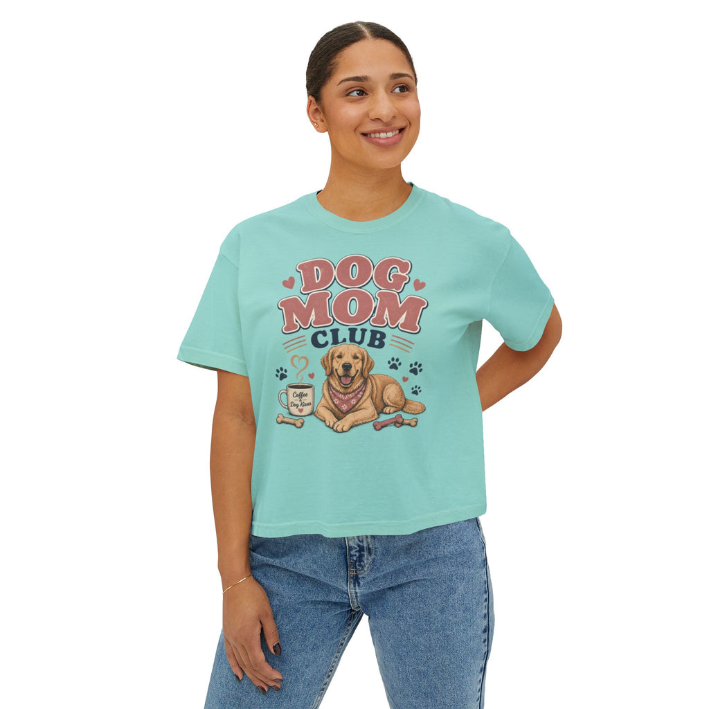 Dog Mom Club Boxy Tee — Cute Golden Retriever Graphic T-Shirt for Women