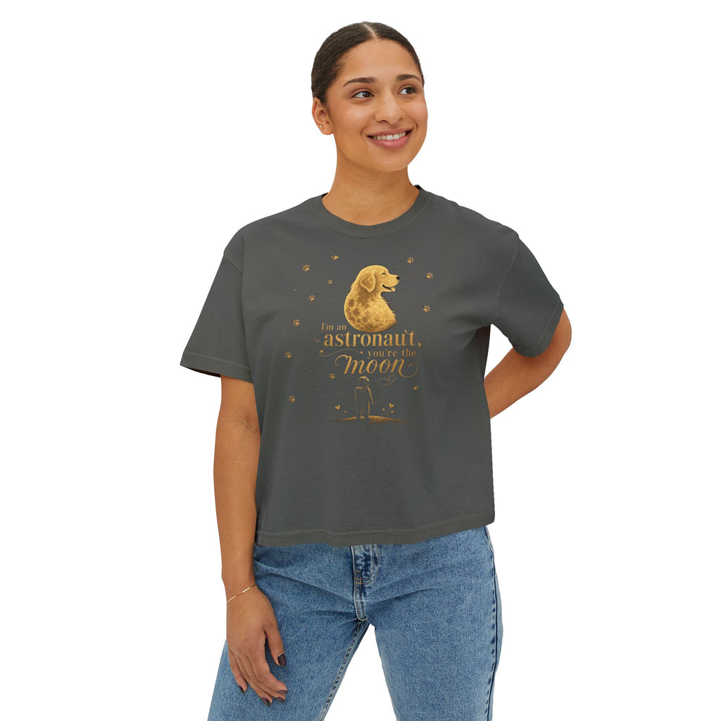Women's Boxy Tee — "I'm an astronaut, I need my moon" Golden Dog Graphic Shirt
