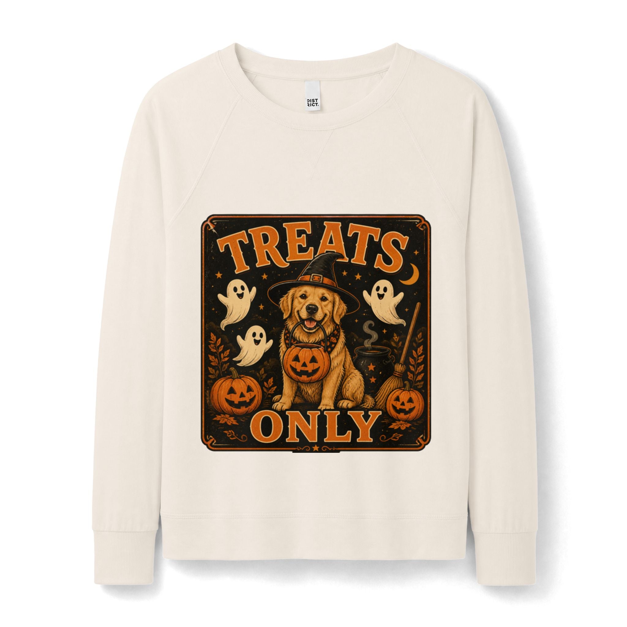 Women's Halloween 'Treats Only' Crewneck Sweatshirt — Pumpkin Dog & Ghosts