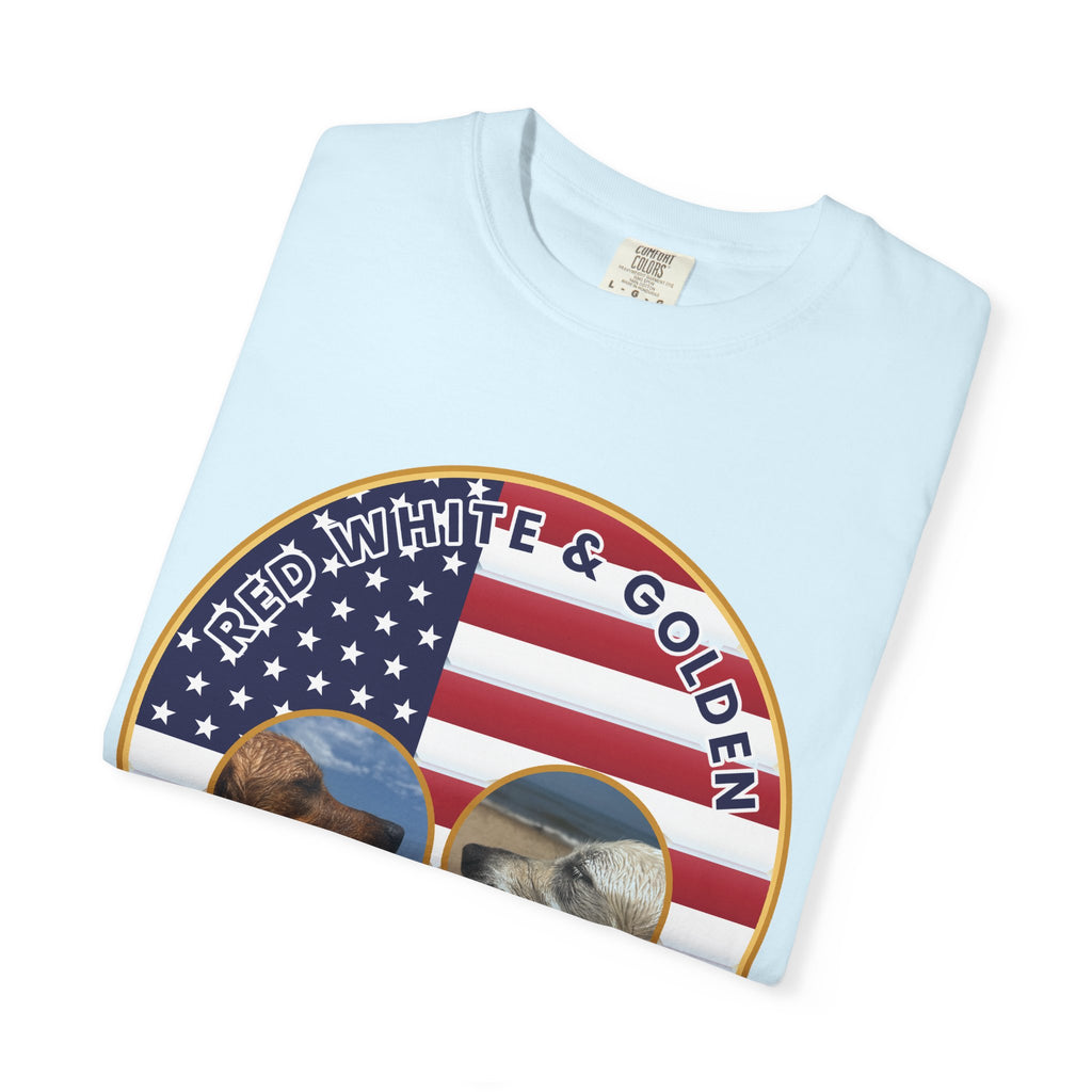 Red, White & Golden T-Shirt – American Flag with Golden Retriever Design