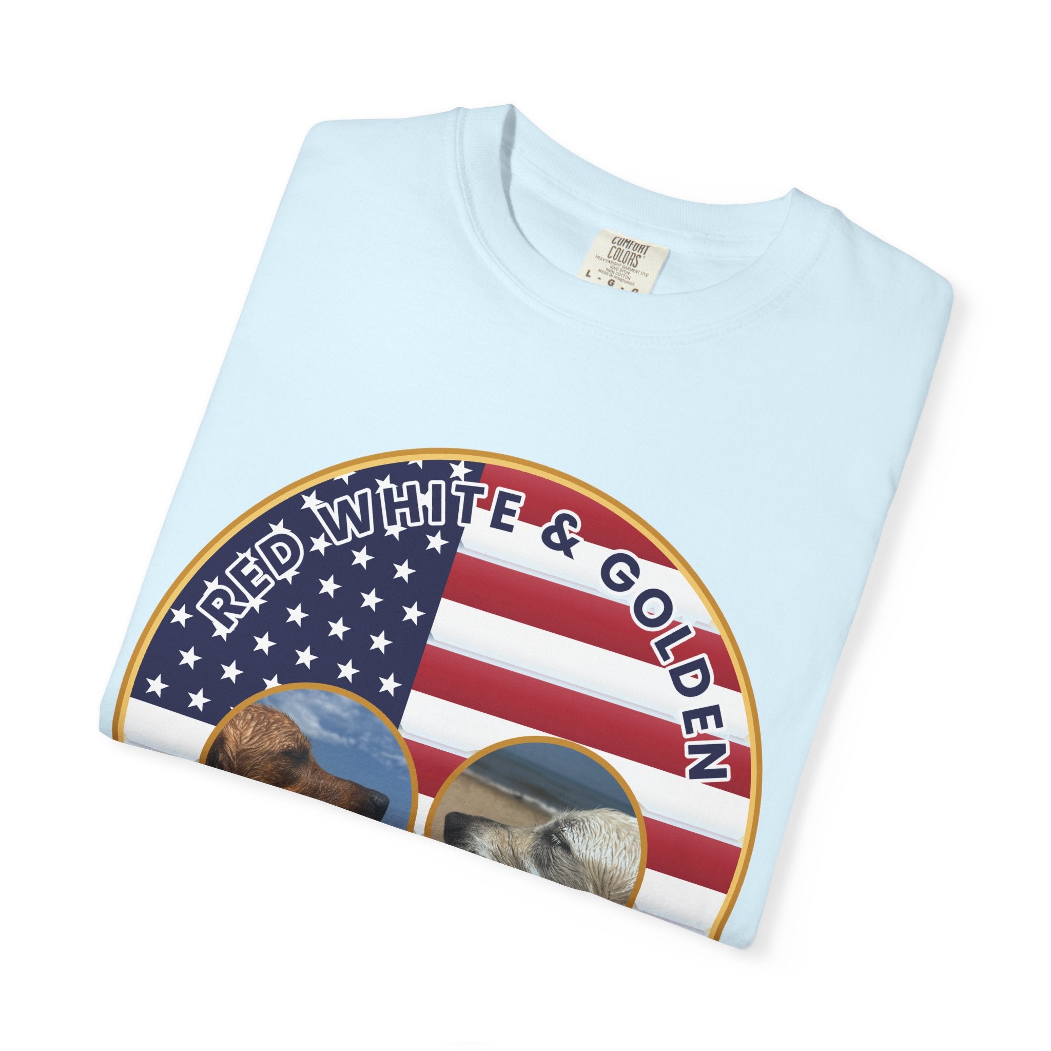 Red, White & Golden T-Shirt – American Flag with Golden Retriever Design