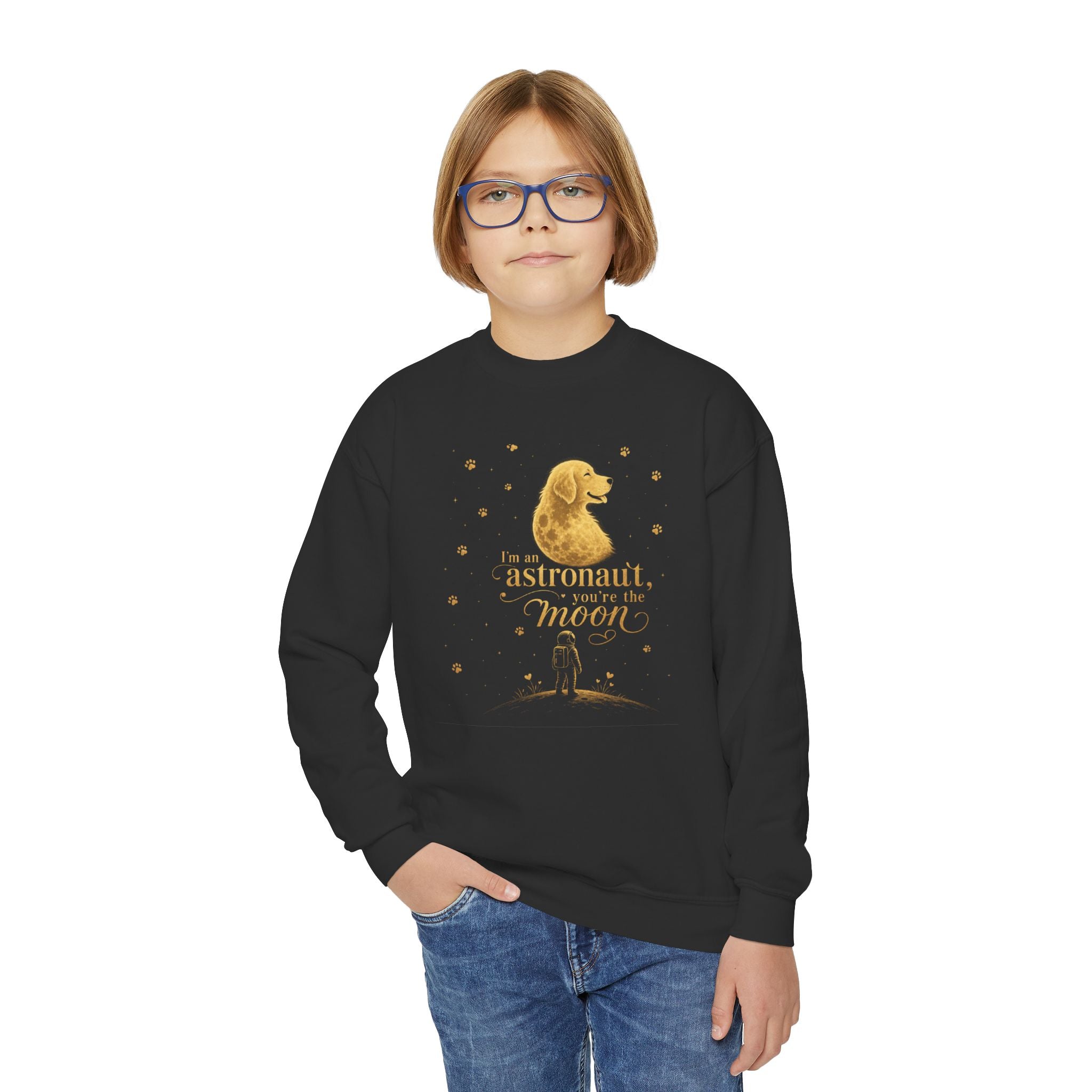Youth Crewneck Sweatshirt - "Astronauts in the Moon" Cute Golden Bear & Moon Kids Pullover