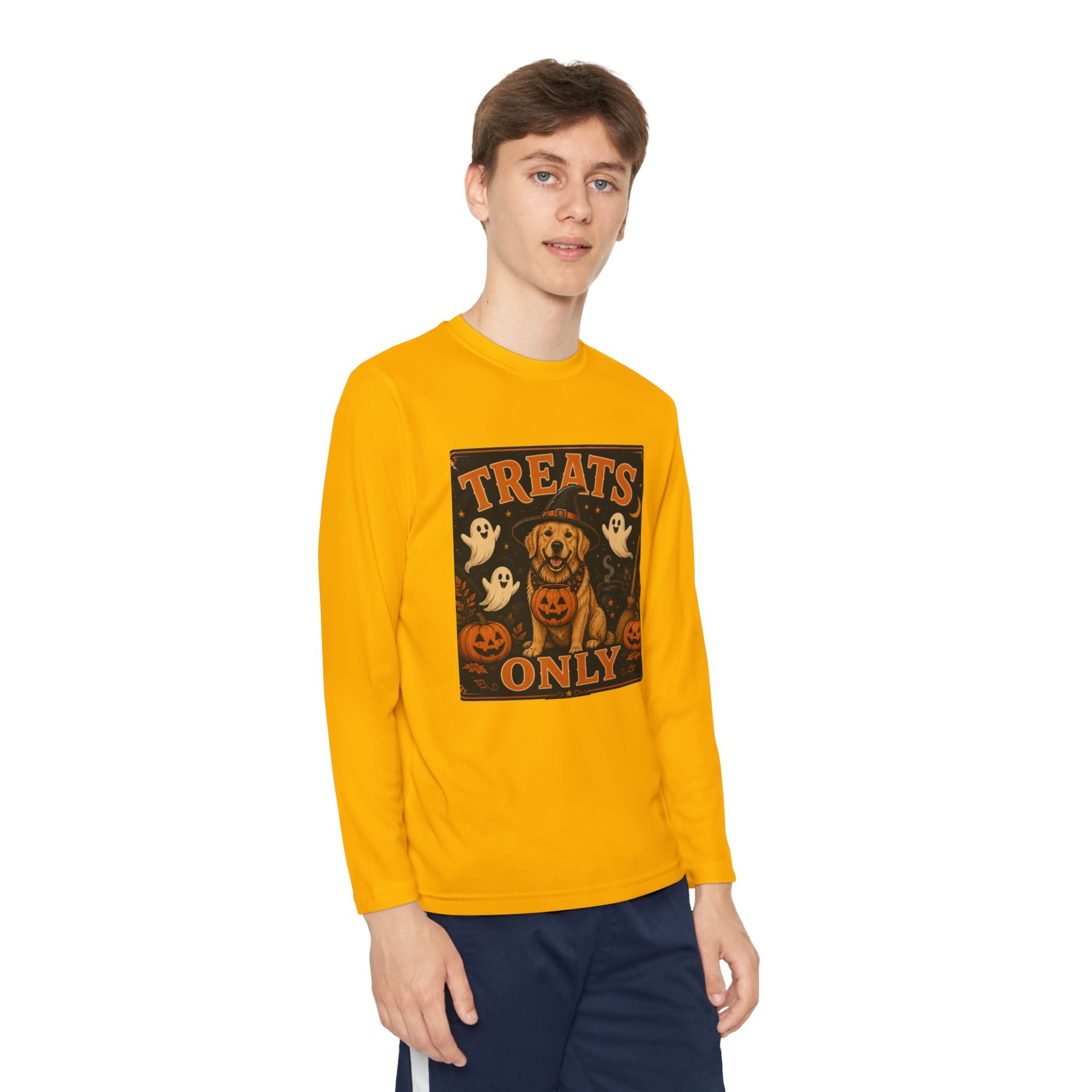 Halloween 'Treats Only' Youth Long Sleeve Tee - Cute Puppy & Ghosts Pumpkin Shirt