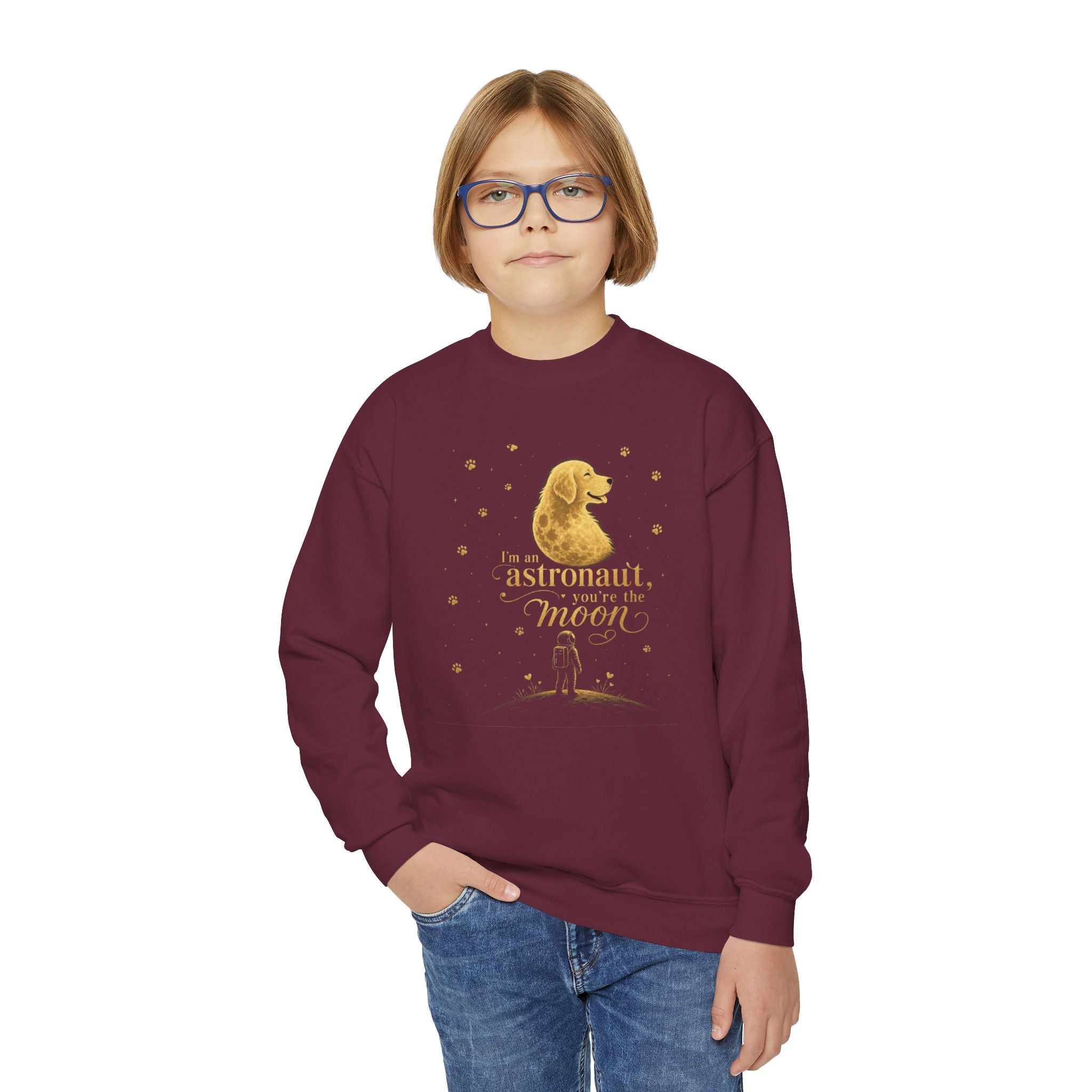 Youth Crewneck Sweatshirt - "Astronauts in the Moon" Cute Golden Bear & Moon Kids Pullover