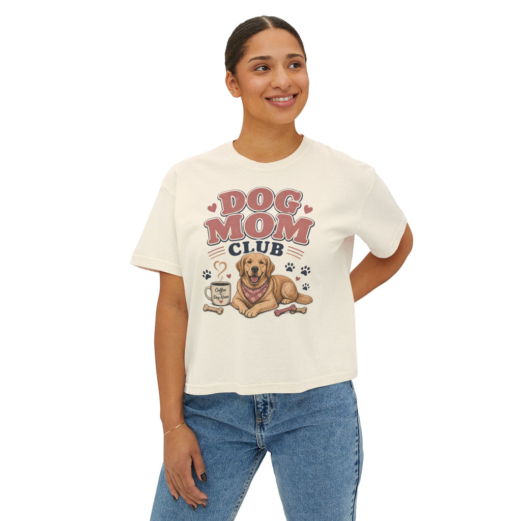 Dog Mom Club Boxy Tee — Cute Golden Retriever Graphic T-Shirt for Women