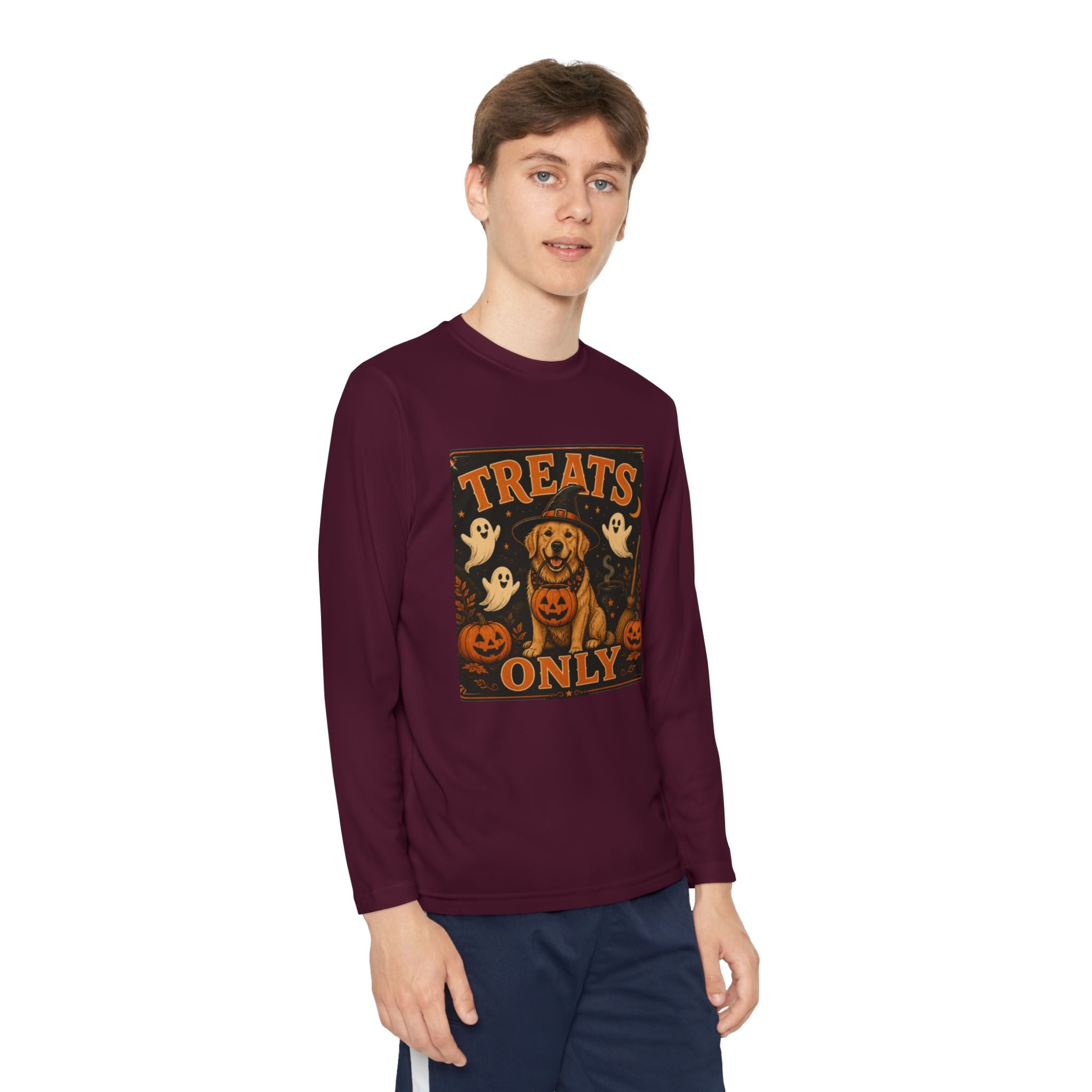 Halloween 'Treats Only' Youth Long Sleeve Tee - Cute Puppy & Ghosts Pumpkin Shirt